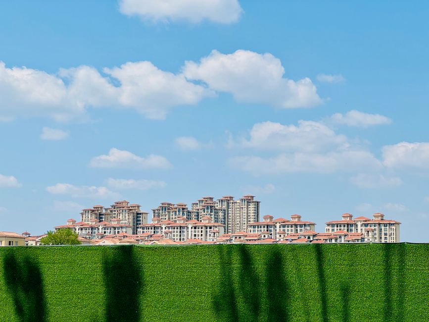 Bright, professional photo of the Atlanta, Georgia skyline with a beautiful residential neighborhood in the foreground, re...
